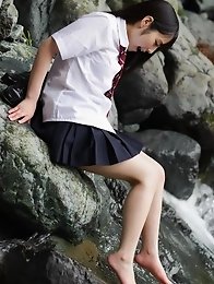 Beautiful and horny Japanese av idol Ruka Kanae dresses in schoolgirl uniform and then goes naked
