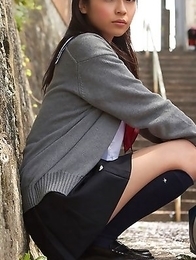 Young japanese Yuuri Shiina in school uniform is so cute while walking