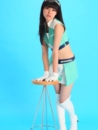 Tsukasa Arai is sexy steward in short skirt and long boots