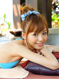 Aino Kishi in blue bath suit is a true beauty enjoying sand