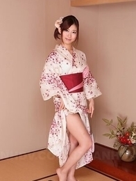 Natsume Inagawa shows round boobs and hairy pussy under kimono.