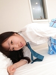 Mio Ito shows us her sexy legs and hairy pussy in her uniform